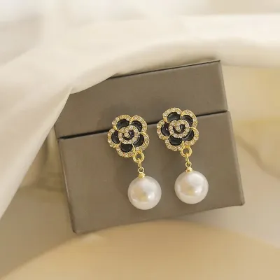 Shiny Black Rose Pearl Drop Earrings